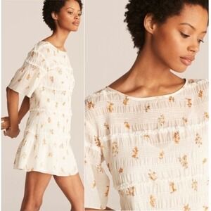 Rebecca Taylor Marigold Fleur Ines Smocked Floral Mini Dress Ivory Yellow XS